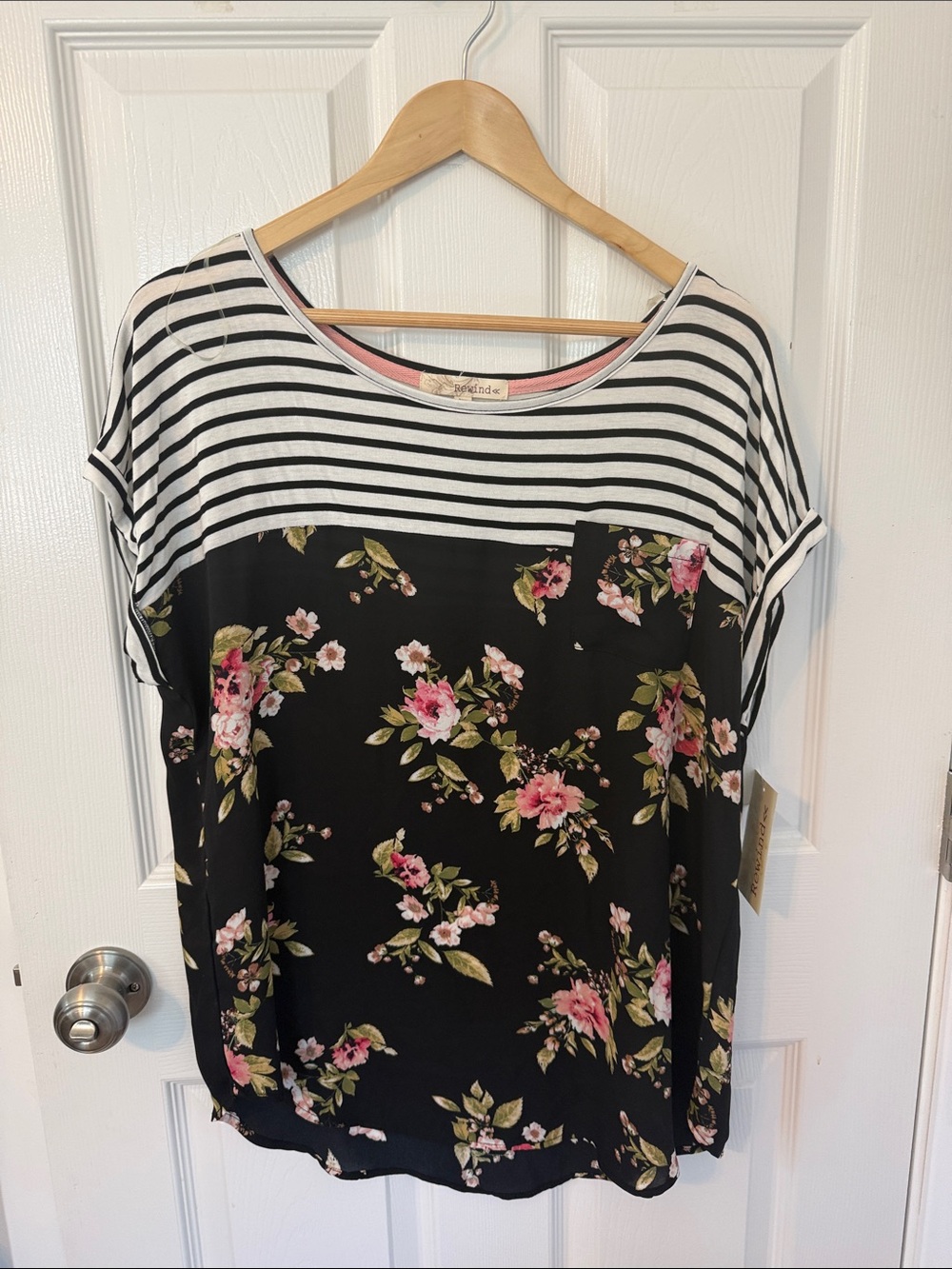 Rewind Black Striped Yoke Floral Short Sleeve Top